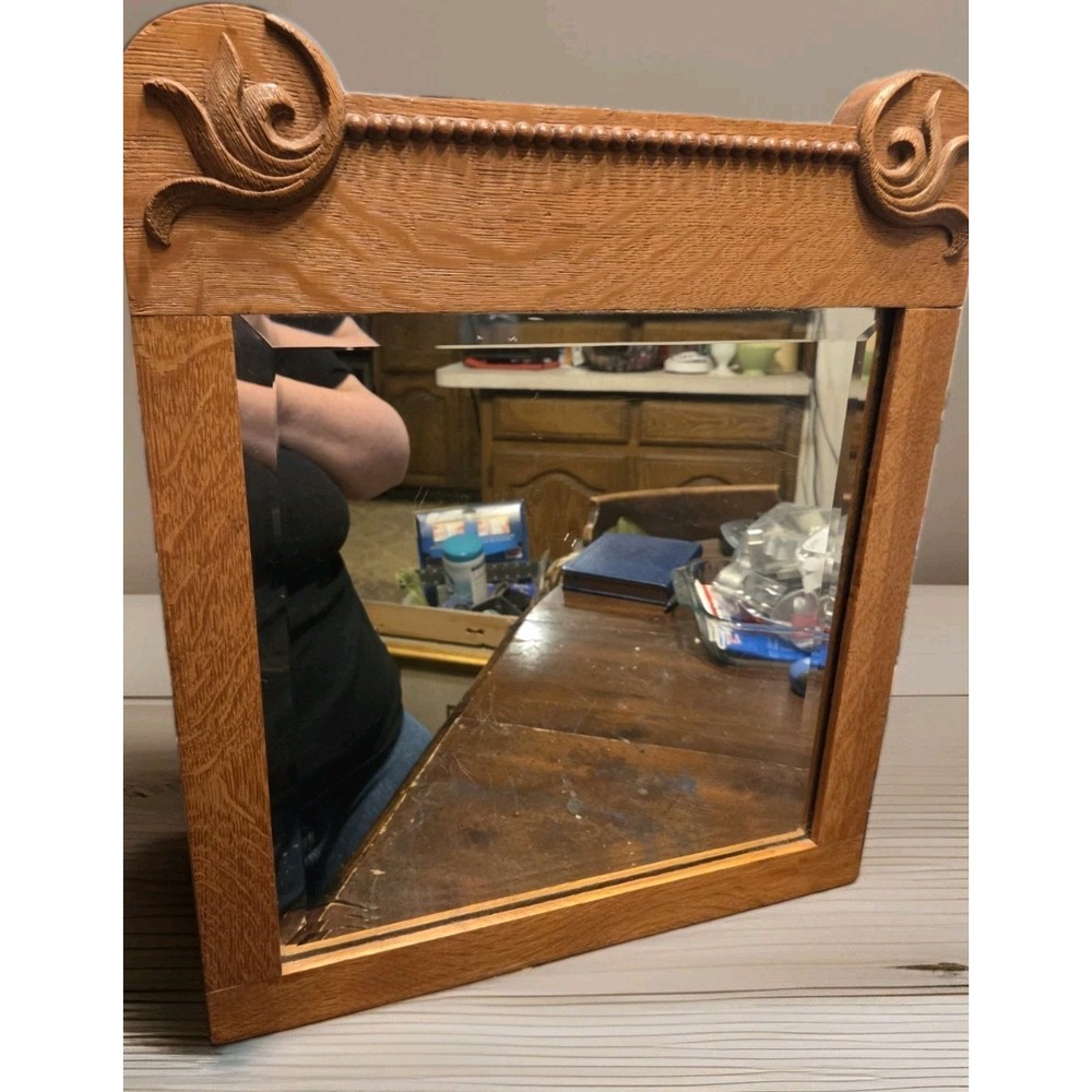 Antique Oak Beveled Wall Mirror Carved Scroll Beaded Trim Victorian c1900